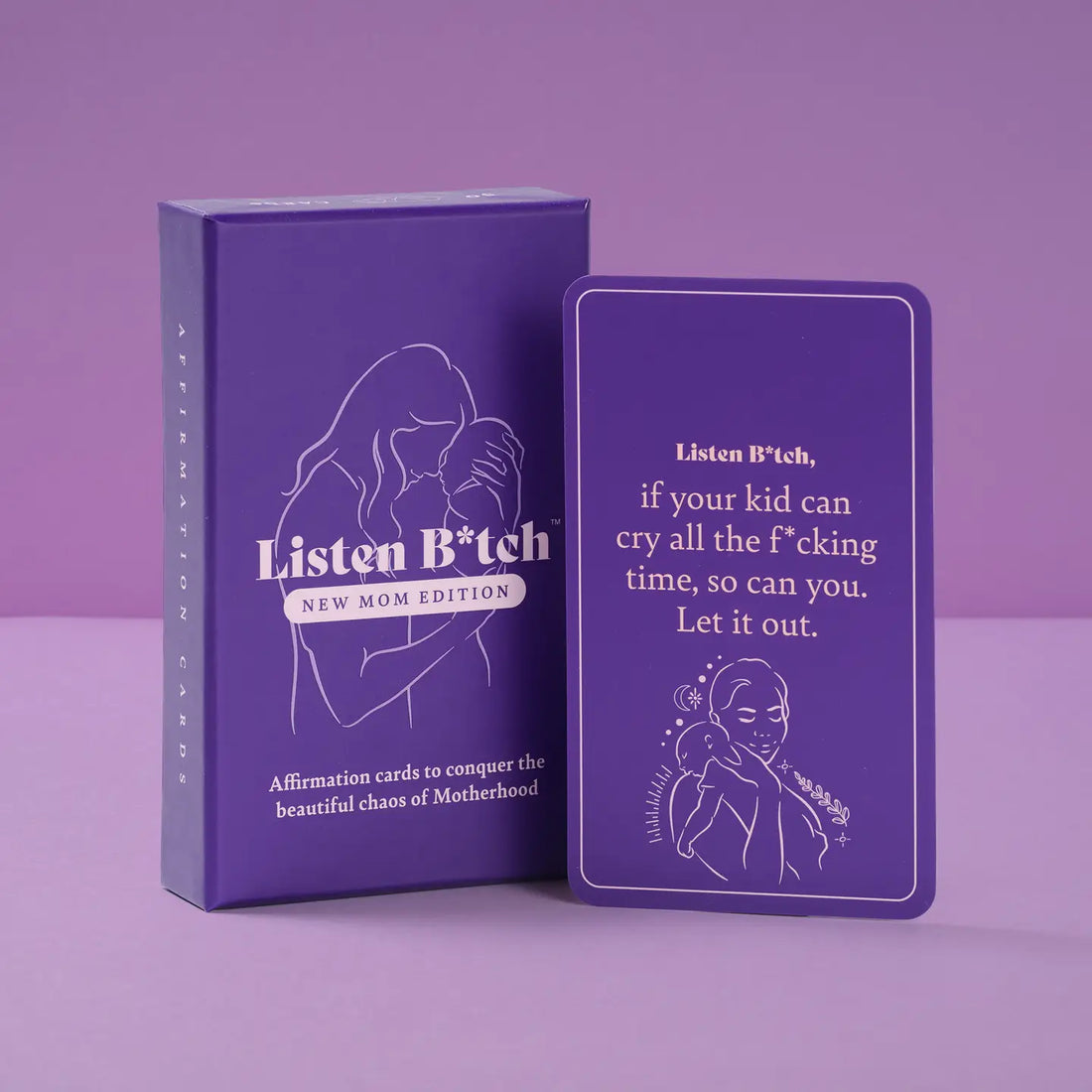 Postpartum affirmation cards for new moms in purple Postpartyy packaging